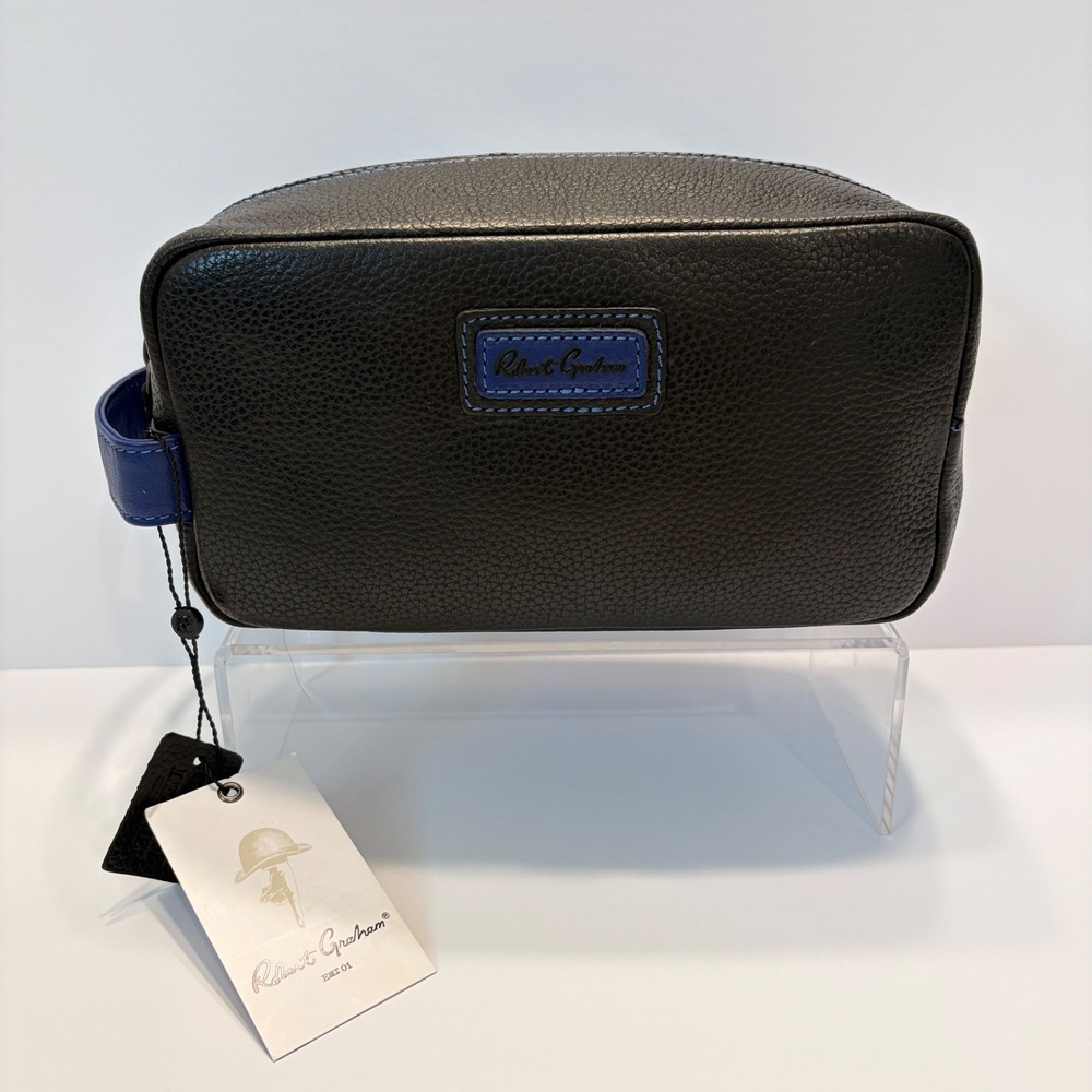 Robert Graham Remy IV Black Leather Toiletry Bag Dopp Kit Blue Accents Luxury